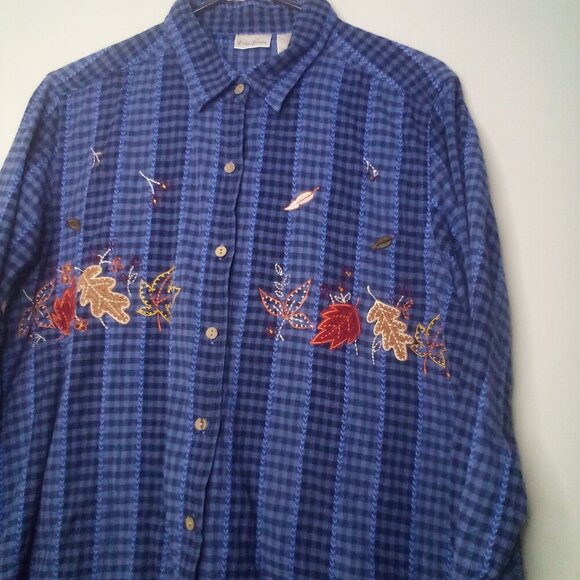 Bobbie Brooks Shirt L Women Long Sleeve Fall Leaves Button Up Plaid Blue - Picture 6 of 15